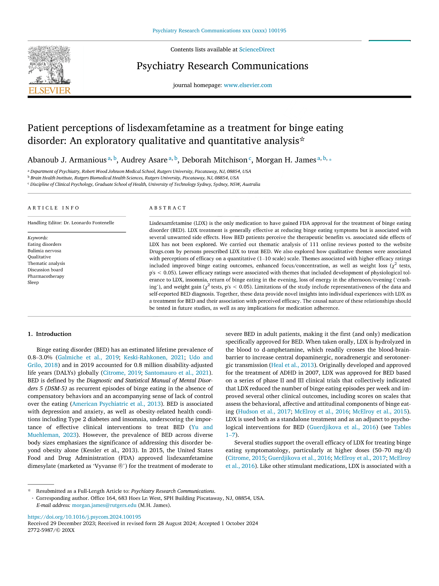 Patient Perceptions of Lisdexamfetamine as a Treatment for Binge Eating Disorder (article page)
